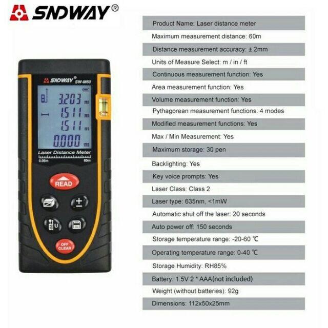 Thước đo khoảng cách bằng tia laser 40M SNDWAY SW-M40