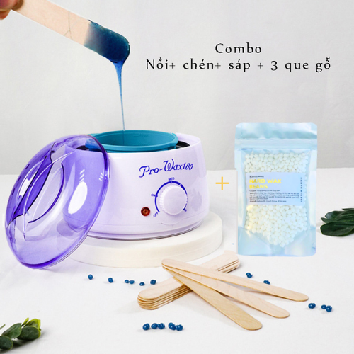 Combo Nồi Nấu Sáp Wax Lông Pro 100 + Sáp Wax Lông Cao Cấp + 5 Que Gạt Gỗ Lớn - Combo wax lông an toàn dùng cho body, tay, chân, bikini