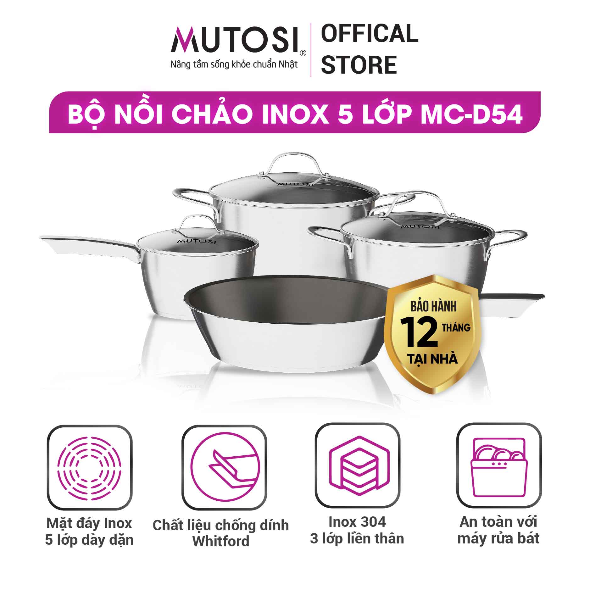 Bộ nồi chảo Inox 5 lớp Mutosi MC-D54 - Hàng chính hãng