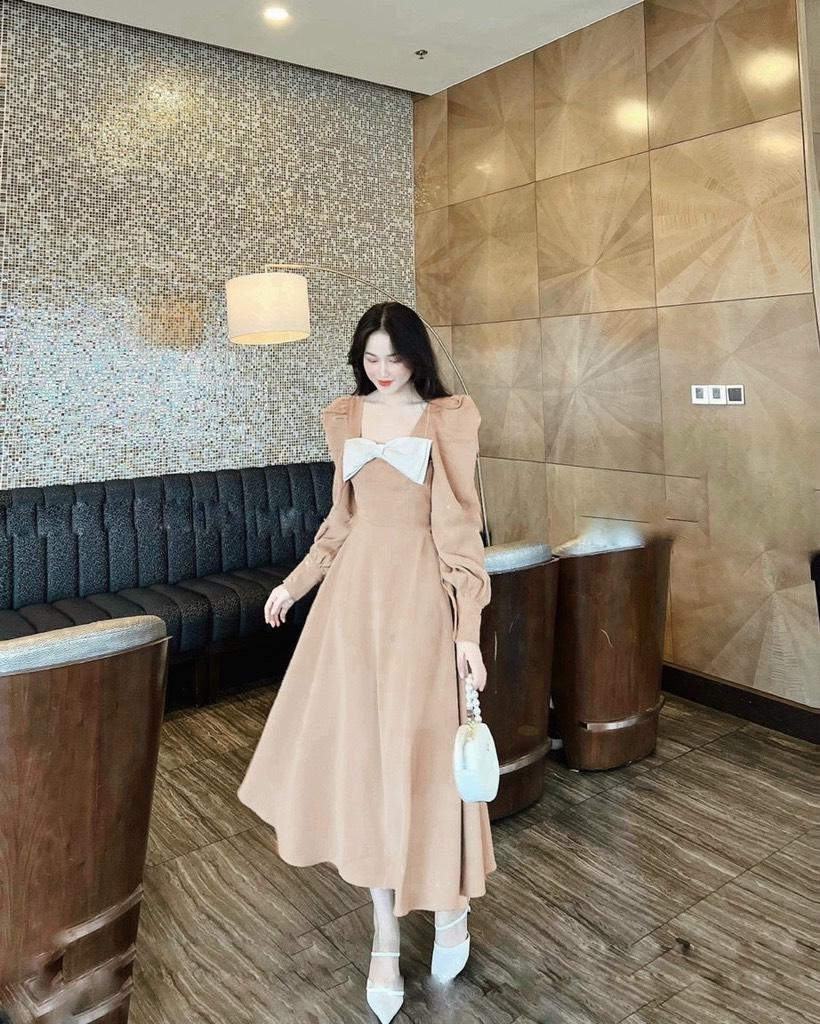ĐẦM MIDI TAY DÀI PHỐI NƠ NGỰC