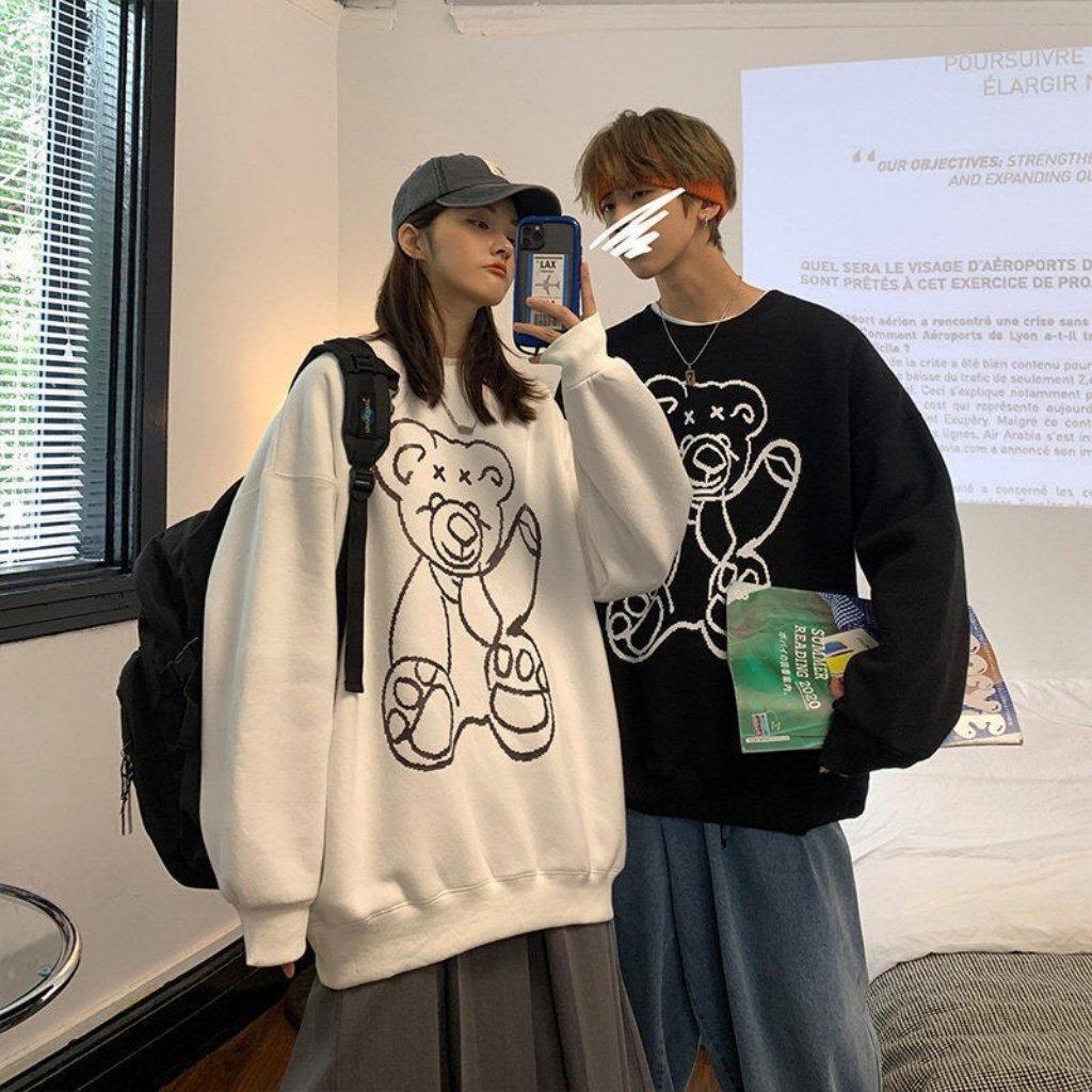 Áo sweater nỉ unisex form rộng hoodie street style nam nữ ulzzang hottrend hình in gấu phản quang cực chất