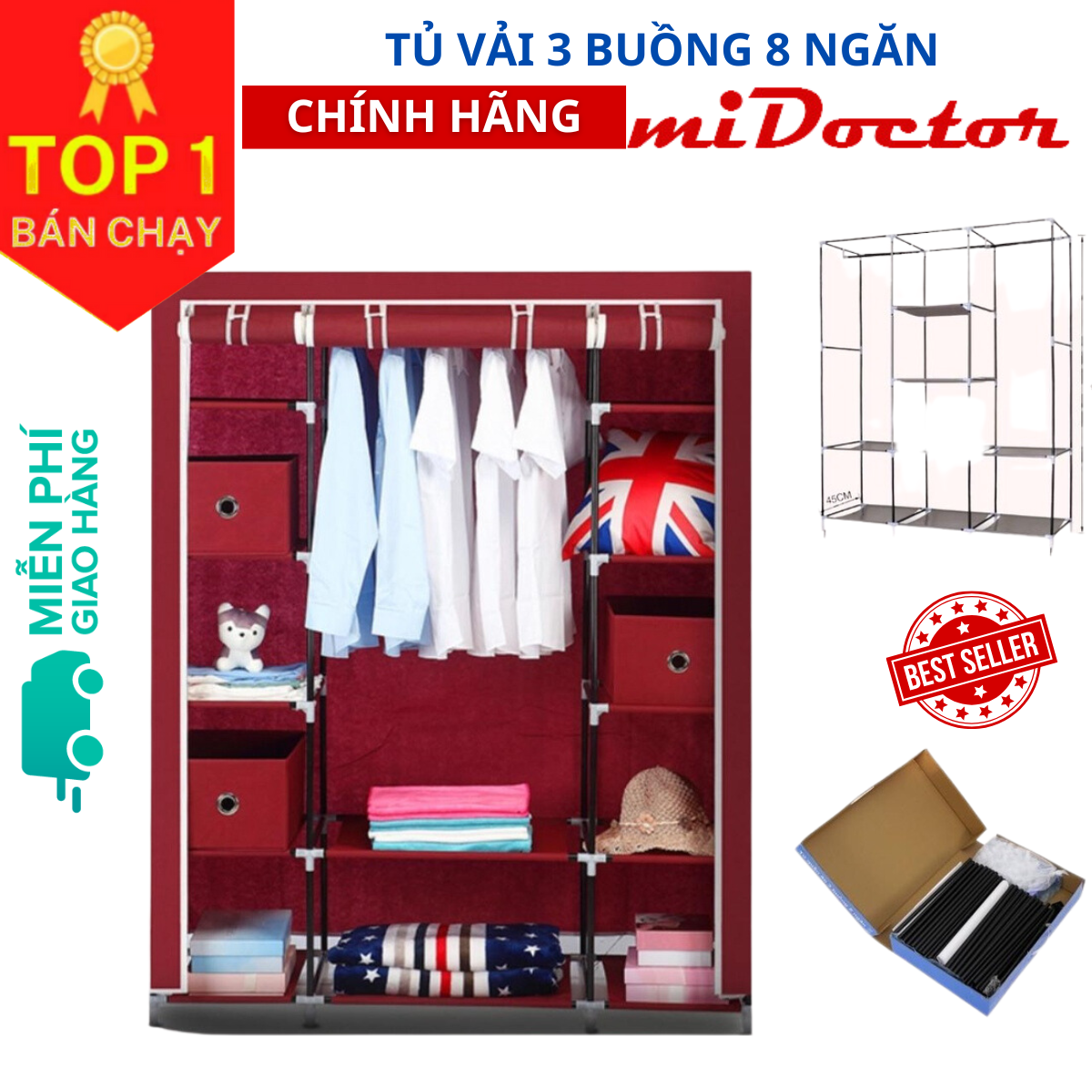 Tủ vải đựng quần áo 3 buồng 8 ngăn, 2 buồng 6 ngăn khung hợp kim nhôm bọc vải cao cấp miDoctor