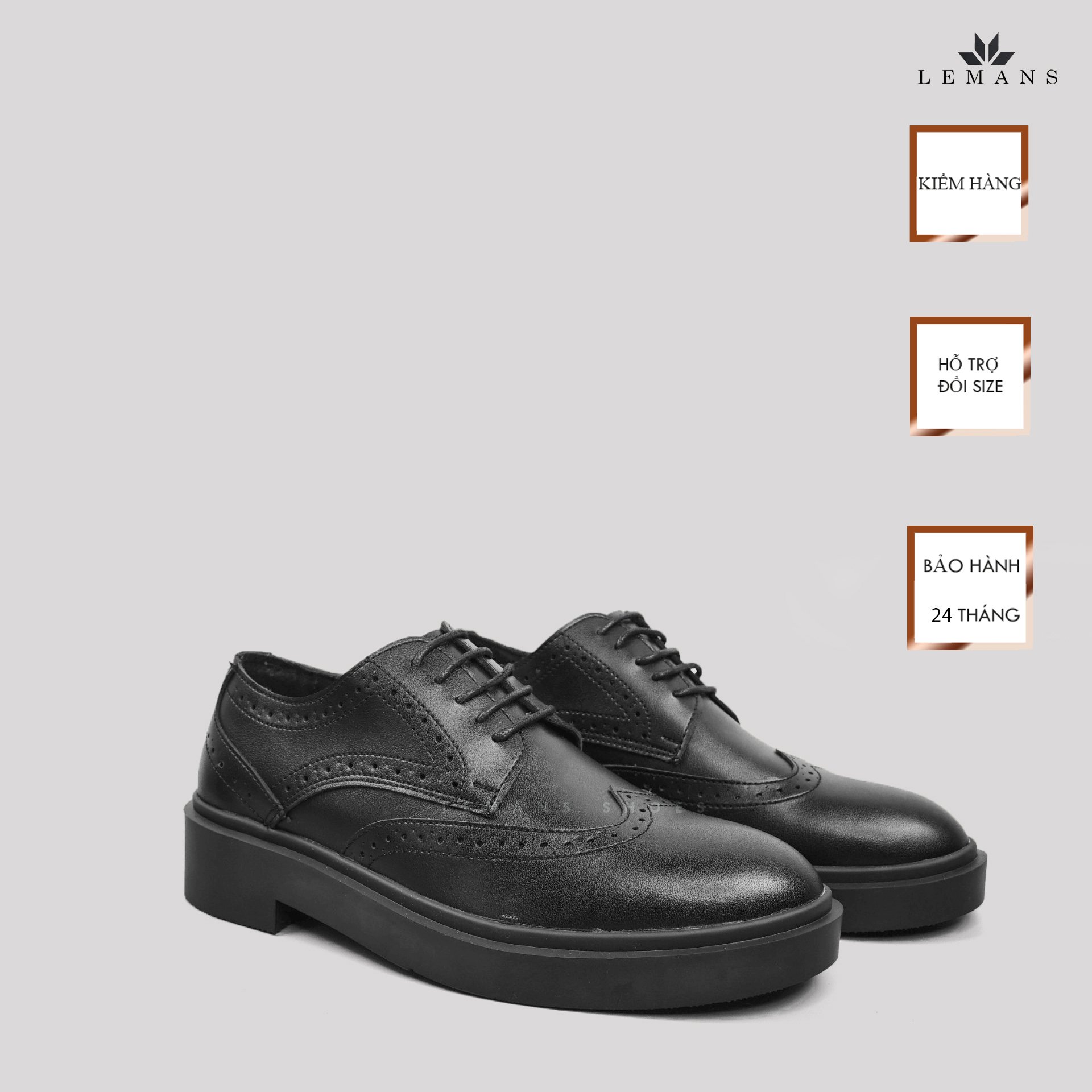 Giày da bò Derby Wingtip LEMANS Black, đế tăng cao lemans 4cm, hoạt tiết cánh bướm, Bảo Hành 12-24 Tháng