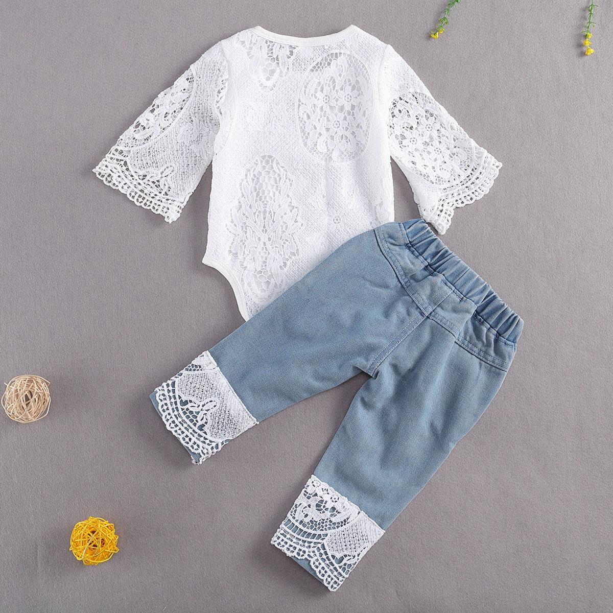 Ma & Bé 0-24M Sơ Sinh Trẻ Sơ Sinh Bé Gái Bộ Quần Áo Ren Trắng Romper Áo Liền Quần Đùi Denim Mùa Thu Cho Bé cô Gái Trang Phục Quần Áo
