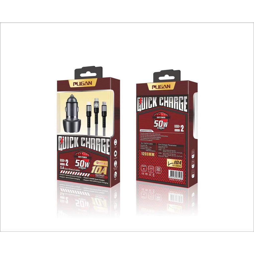 Tẩu Sạc Siêu Nhanh Quick Charge 4.0, PUGAN 10A, 50W, 12-24V, 2 Cổng USB, Dây Cáp 3 Đầu Sạc Cực Chắc Chắn