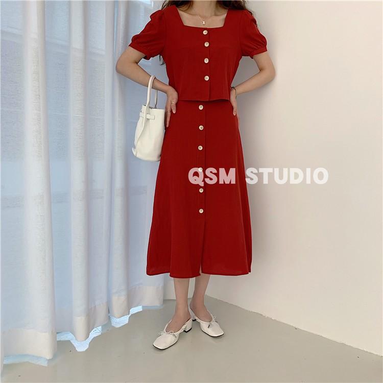 Set áo đỏ cổ vuông form ngắn + chân váy chữ A tiểu thư Hàn Quốc, set váy freesize &lt;53kg