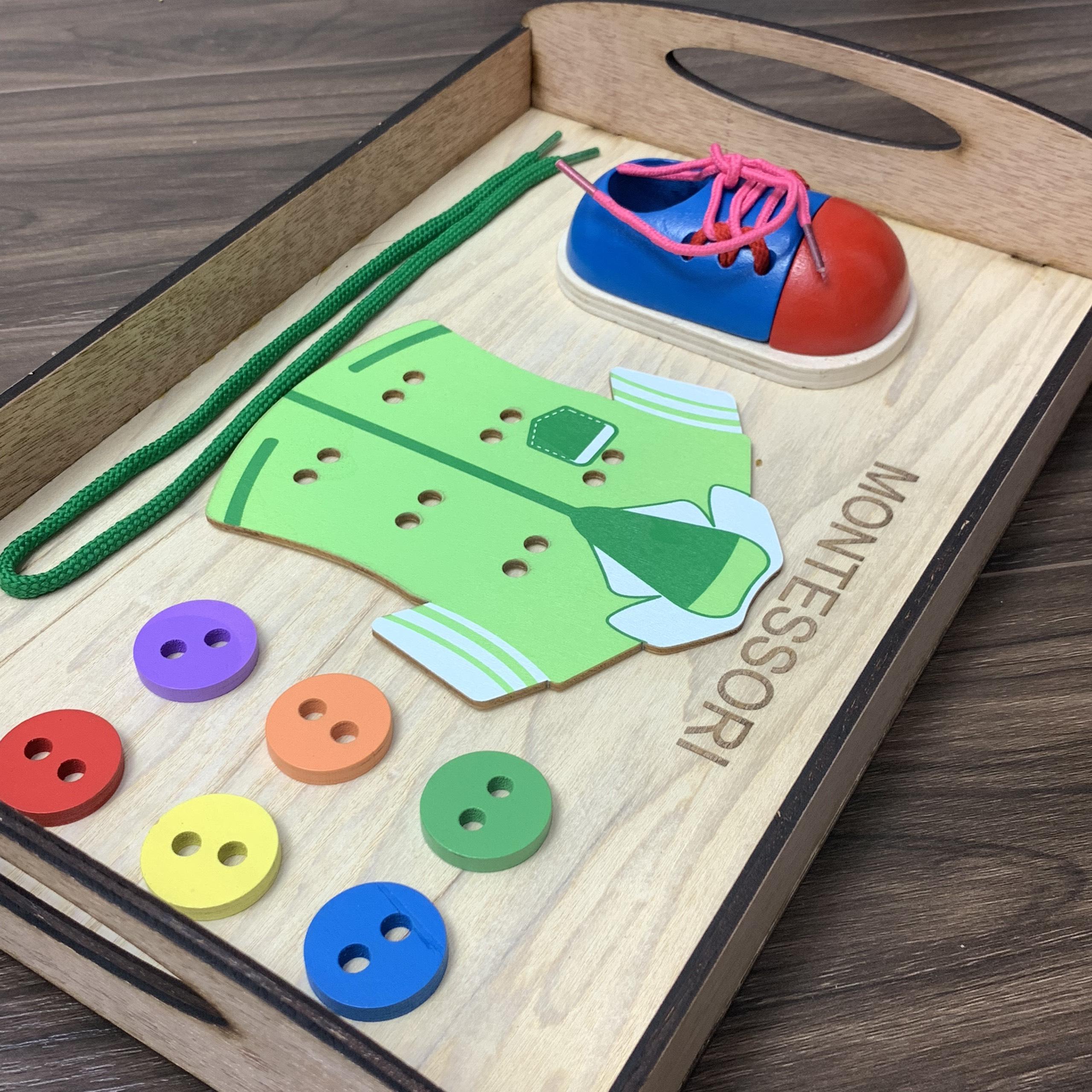Đồ Chơi Montessori Bằng Gỗ Cho Trẻ Tập Buộc Dây Khéo Tay Kèm Khay Đựng Bằng Gỗ Tiện Lợi