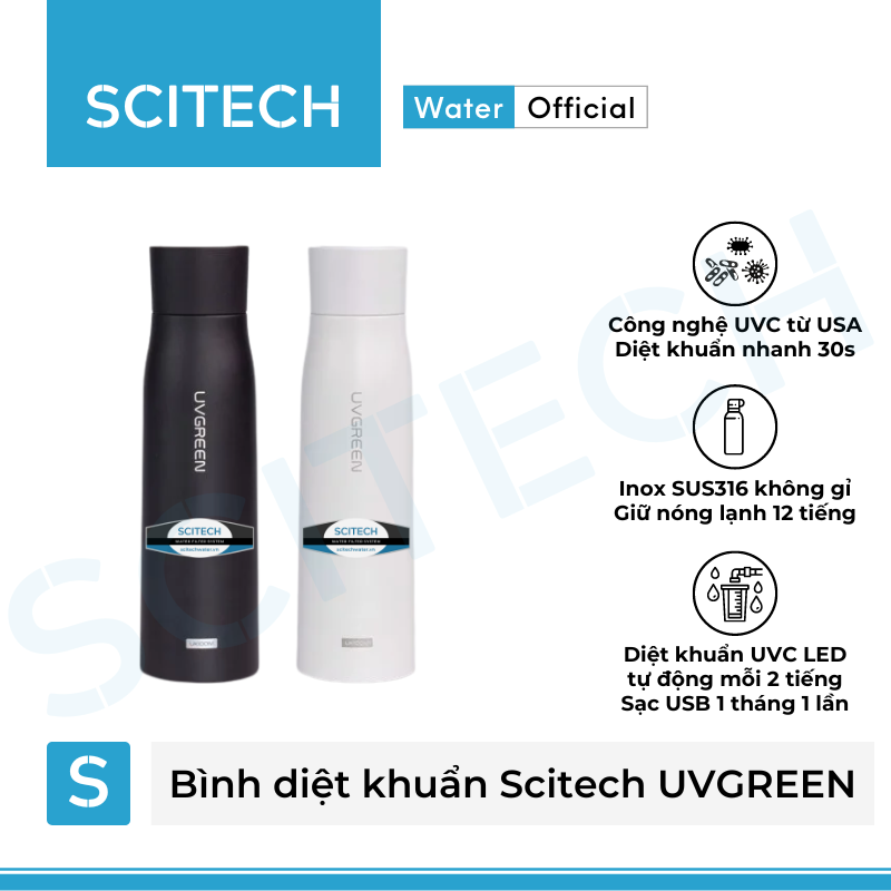 Bình nước giữ nhiệt diệt khuẩn Scitech UVGREEN 500ML - Hàng chính hãng