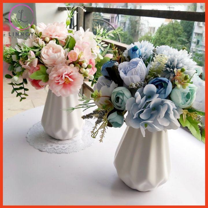 Bình hoa mix nhân tạo tông hồng, xanh cao 28cm trang trí nhà cửa, cửa hàng, văn phòng, lớp học