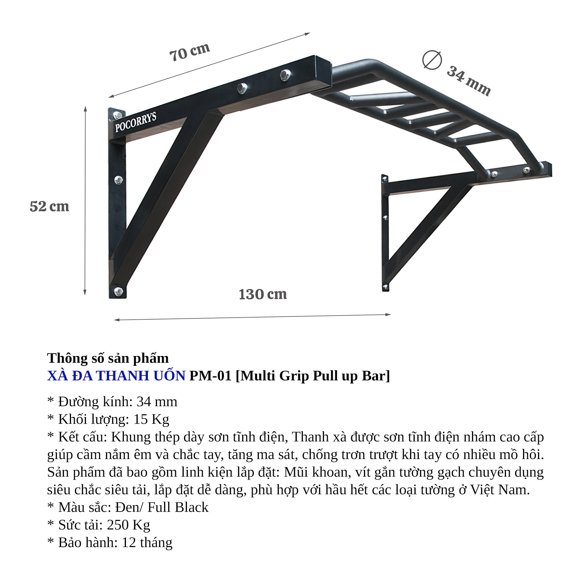 Xà đơn gắn tường, nhiều tay nắm, Xà đa thanh uốn, Pull up bar Pocorrys PM-01, Màu đen