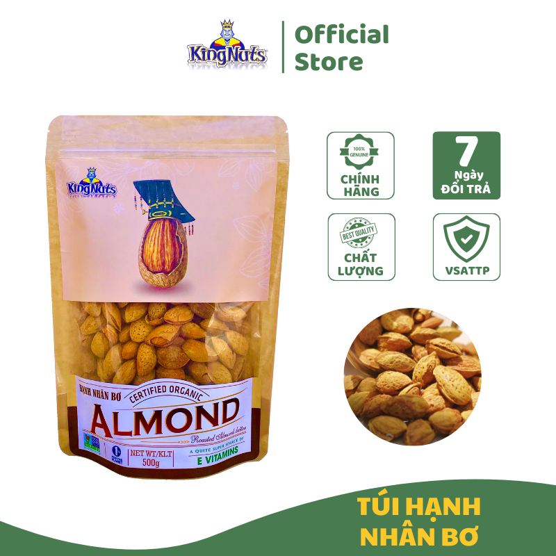 Hạt Hạnh Nhân Rang Bơ KingNuts Mỹ 500g, hàng nguyên liệu nhập khẩu 100% từ Mỹ - Loại 1 rang bơ, rang sấy chín, không chất bảo quản, thơm giòn, không hôi dầu, món ăn vặt tuyệt vời.