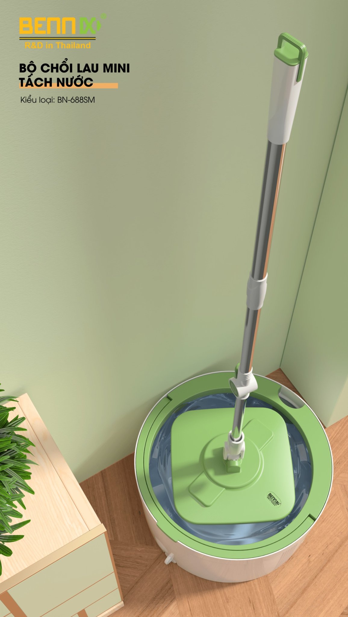 Bộ Chổi Lau Nhà Mini Tách Nước Bẩn Bennix Thailand, Cây Lau Nhà Tự Vắt Thông Minh BN-688SM Kèm Thùng Cao Cấp- Hàng Chính Hãng