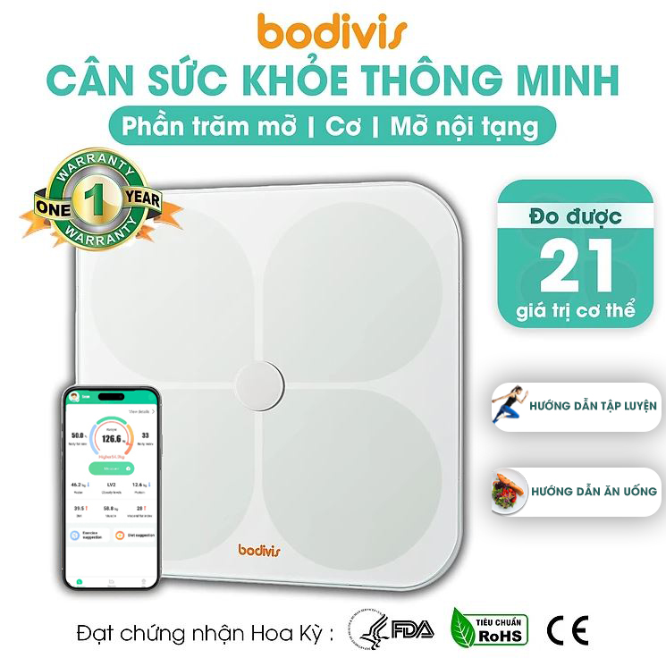 Hình ảnh Cân sức khỏe có hướng dẫn tập luyện, ăn uống, thông minh, đo 21 chỉ số cơ thể, cao cấp chuẩn FDA - Bodivis chính hãng