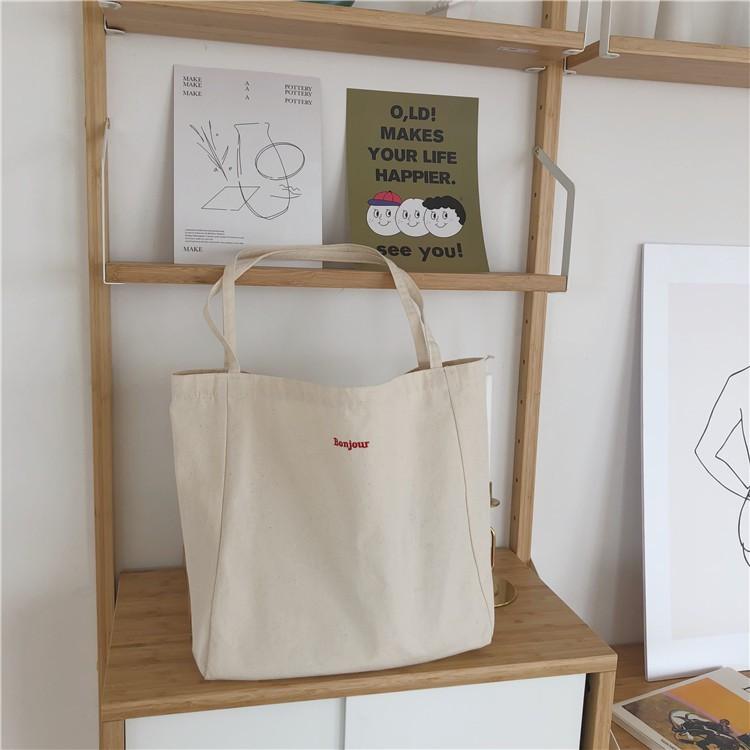 Modi Store MD50- Túi tote vintage size lớn thêu chữ &quot;BONJOUR&quot;