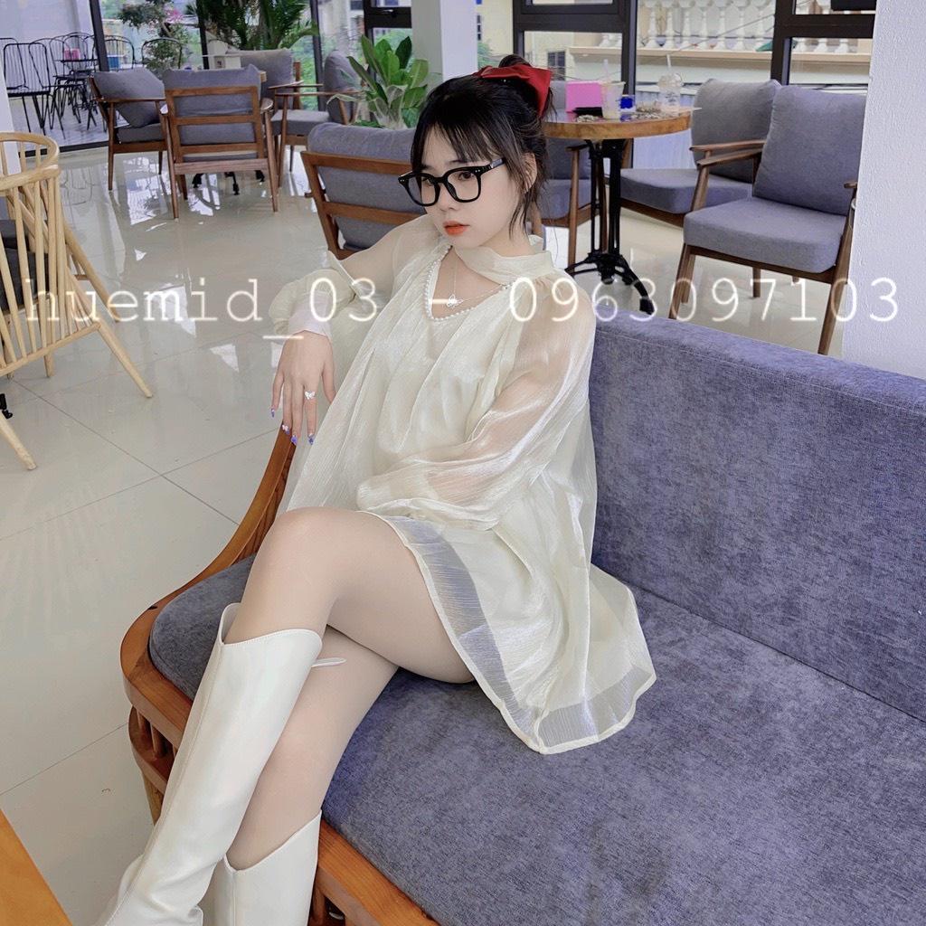 Áo sơ mi kiểu babydoll cổ V chocker đính ngọc thắt nơ lưng - DRA0027