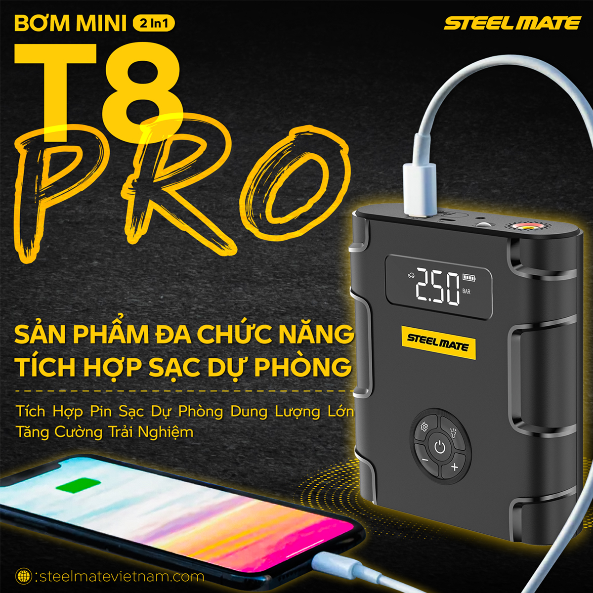 Bơm mini điện tử đa năng &amp; kích bình T8 PRO STEELMATE