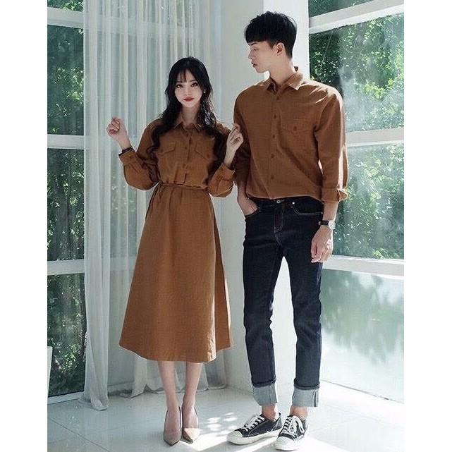 Áo đôi couple nam nữ Set váy nữ Áo sơ mi nam đẹp màu trắng và nâu Hàn Quốc thiết kế cao cấp AV192