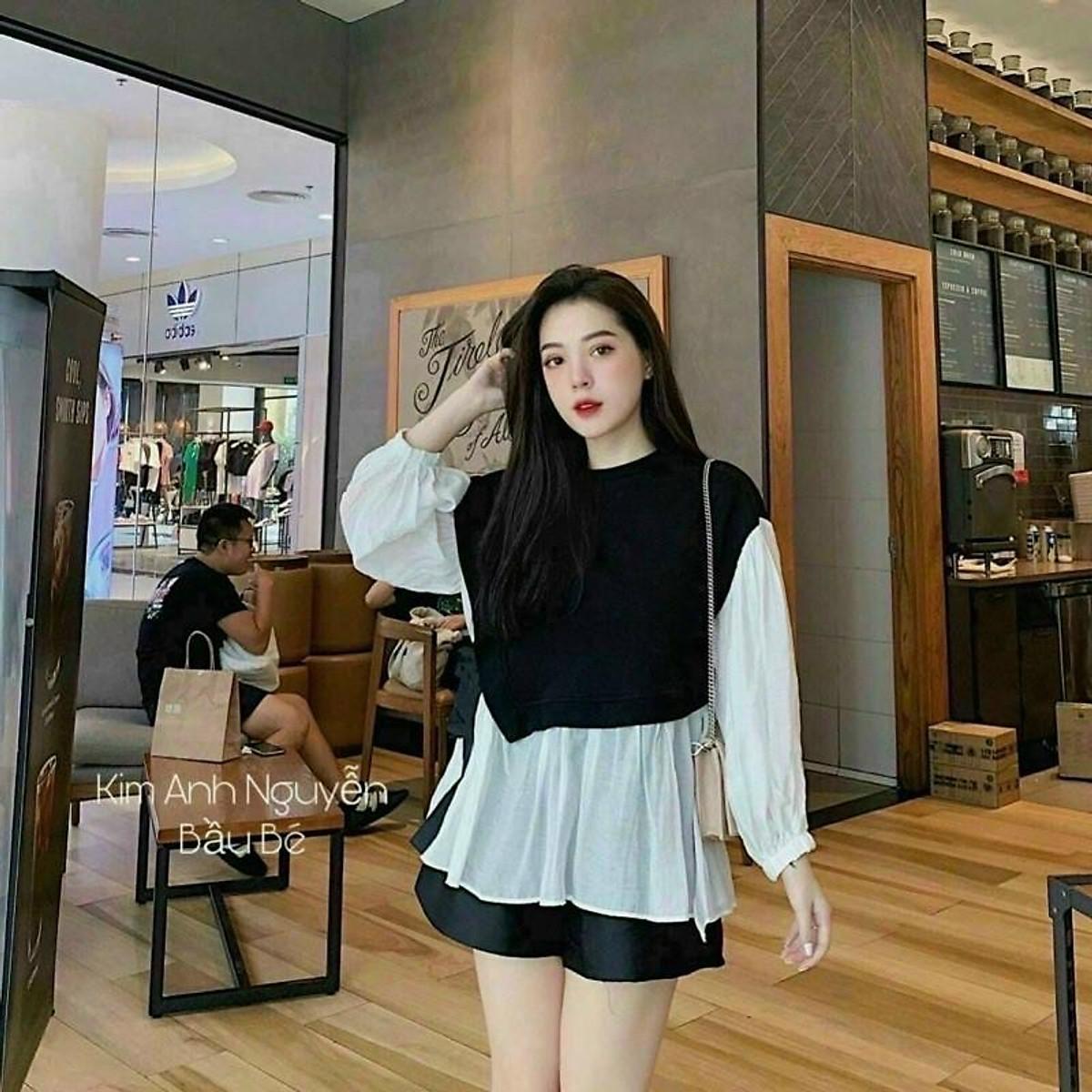 Áo baby doll đen trắng cột nơ eo