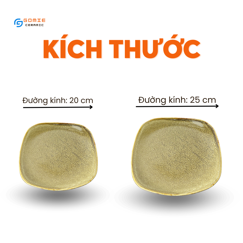 Đĩa vuông ảo gấm vàng hỏa biến chuyên dùng cho nhà hàng, thủ công bởi Nghệ Nhân Gomie Bát Tràng,an toàn sức khỏe