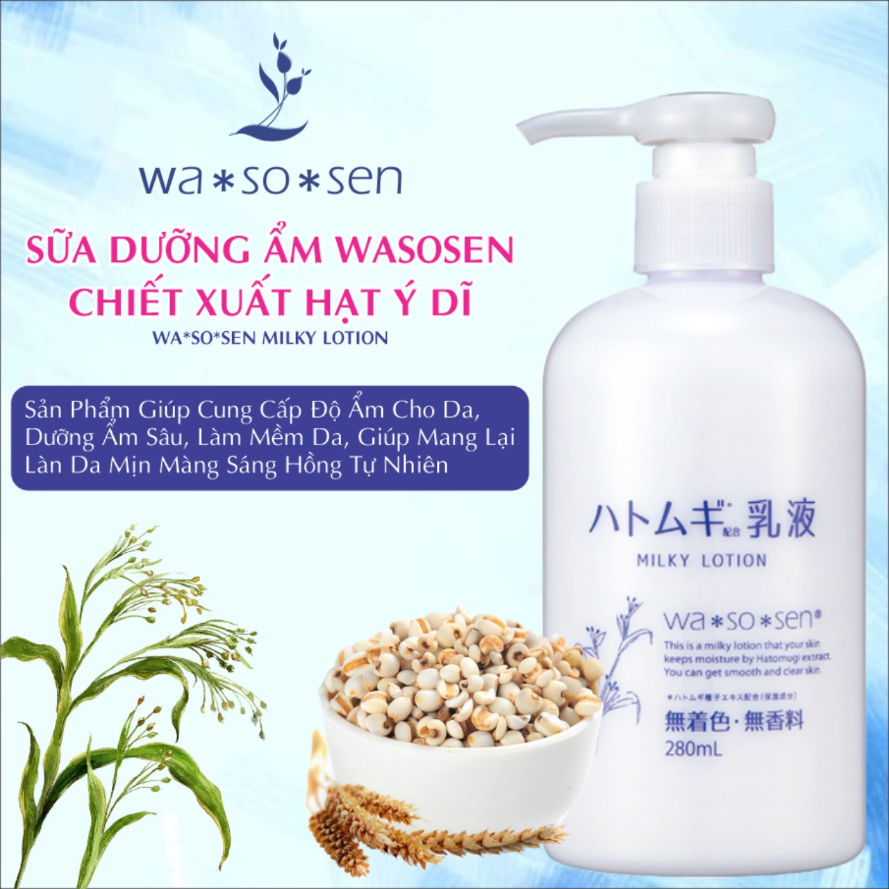 Lotion Cấp Ẩm Và Dưỡng Trắng Da Ý Dĩ Wasosen Milky Lotion(Chai 280 mL)