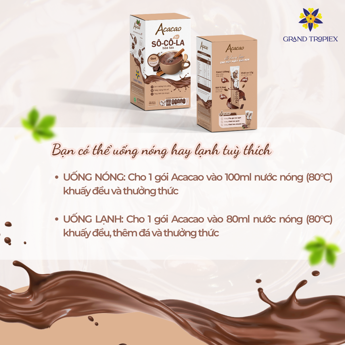 Bột socola Acacao hòa tan uống liền dinh dưỡng, nạp chất dinh dưỡng cần thiết, kháng khuẩn - Hộp 286g