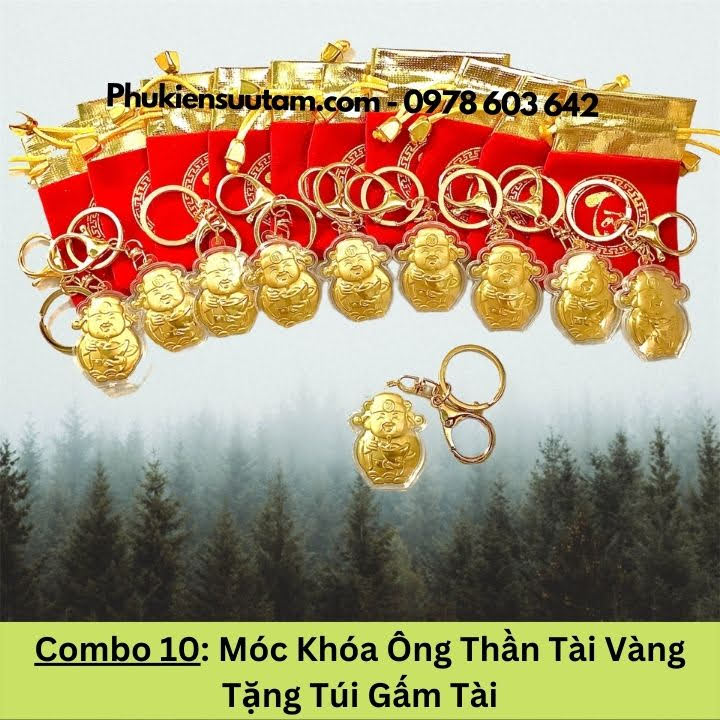 Combo 10 Móc Khóa Ông Thần Tài Vàng Tặng Túi Gấm Tài, kích thước: 4cmx3.5cm, màu vàng - SP005956