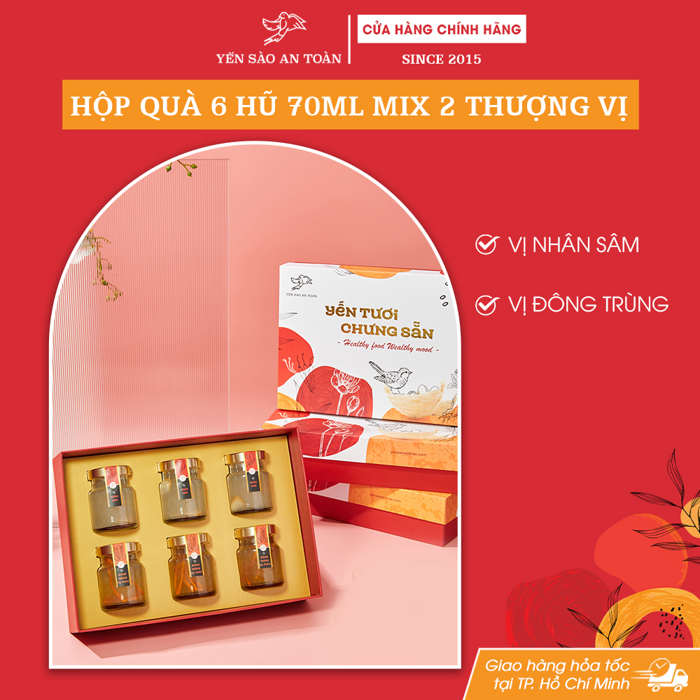 Hộp quà tặng cho người lớn tuổi yến chưng sẵn thượng vị nhân sâm và đông trùng hạ thảo từ Yến Sào An Toàn