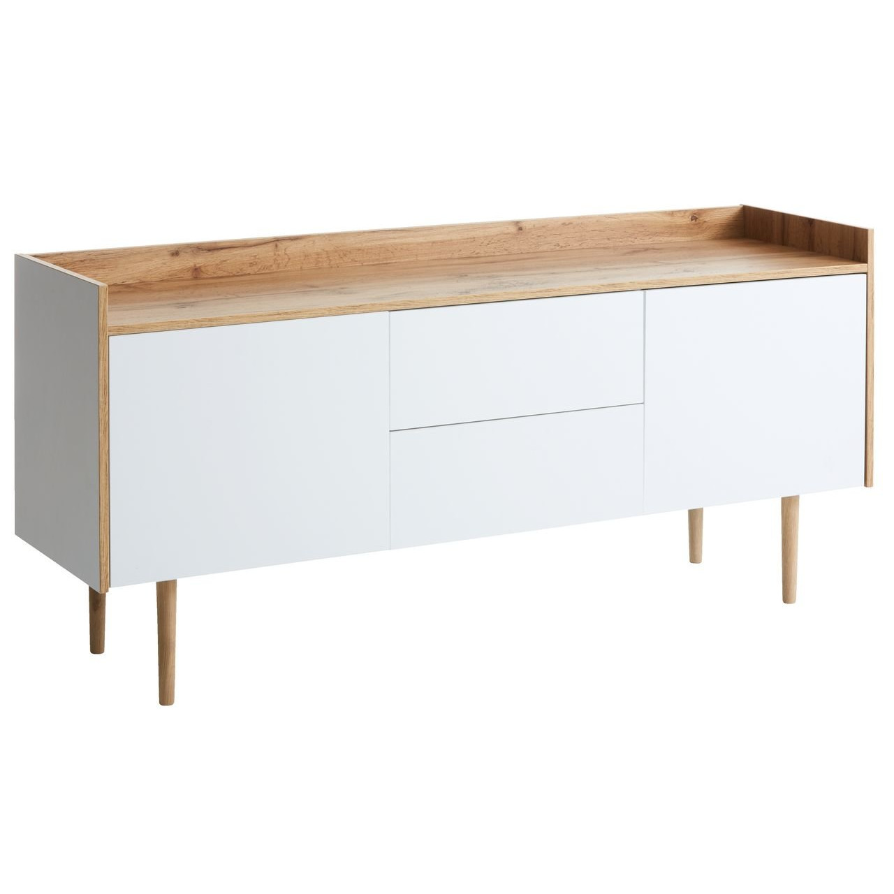 Tủ chén đĩa JYSK Aarup 2 cửa 2 ngăn kéo gỗ công nghiệp màu trắng chân sồi 147x68x41cm