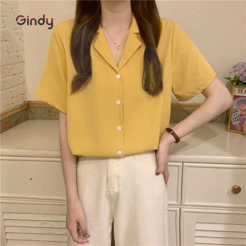Áo sơ mi nữ trơn GINDY form rộng tay ngắn cổ vest dáng suông nhiều màu sơmi kiểu Hàn Quốc A5145
