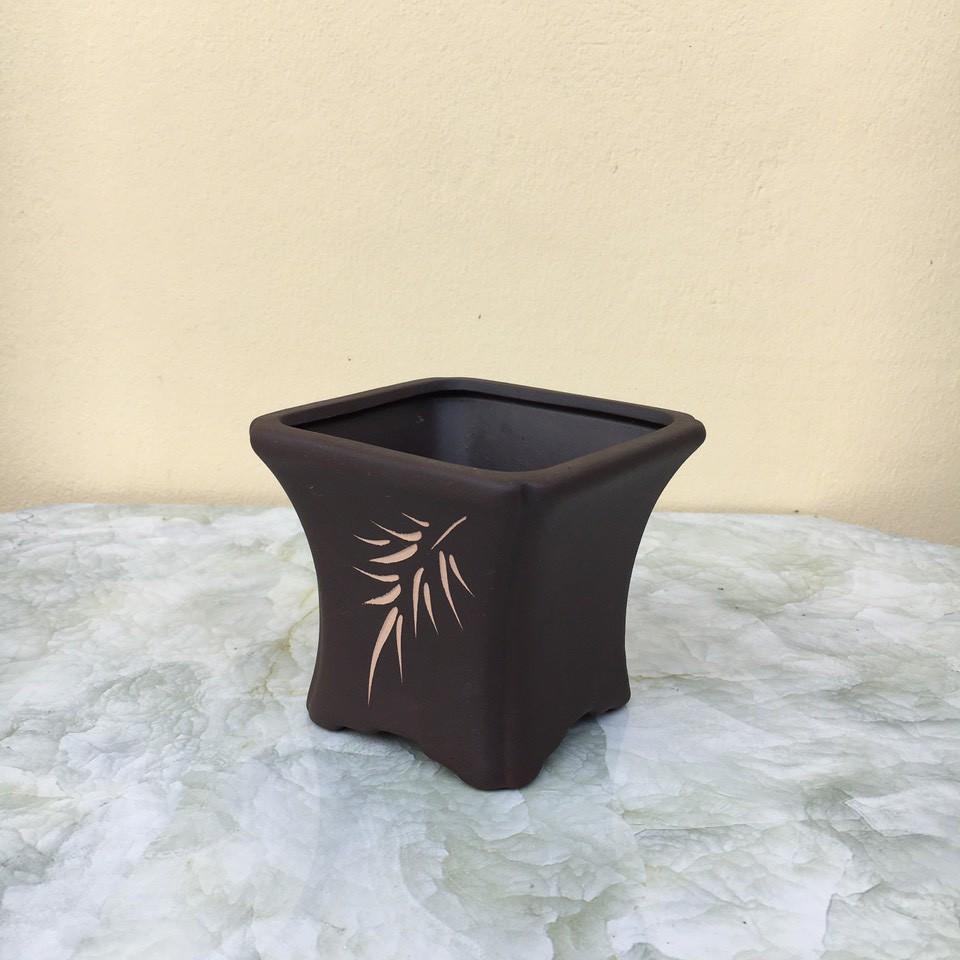 Chậu bonsai Vuông khắc mini đất nung gốm Bát tràng 1 size BM-101