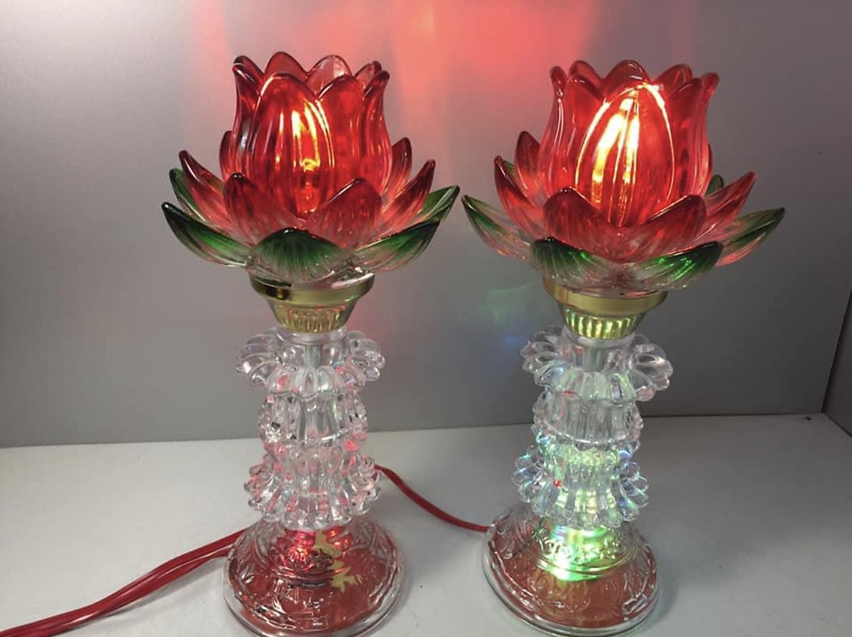 Đèn thờ điện cánh thuỷ tinh 3 lớp lá xanh bóng led , BH151