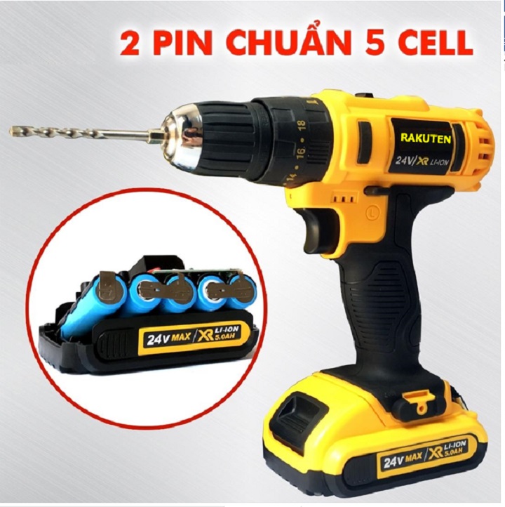 Bộ máy khoan pin RAKUTEN 24V khoan tường, khoan sắt, khoan bê tông máy 2 pin, đảo chiều và mũi khoan