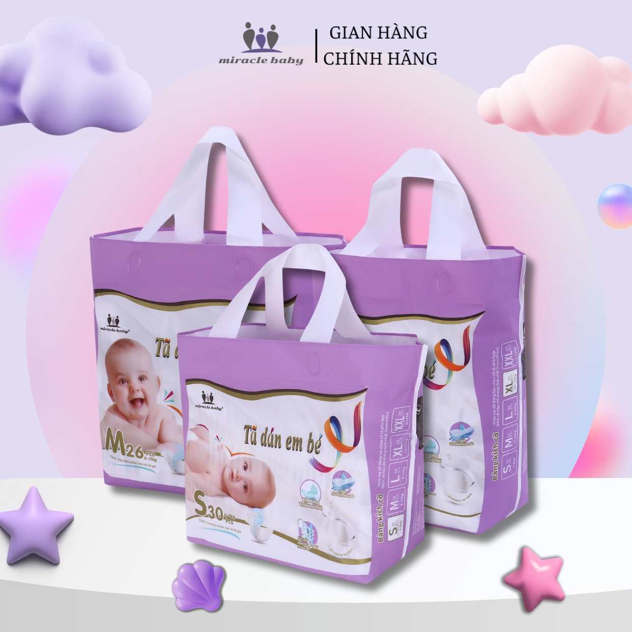 [COMBO MUA 3 TẶNG 1 ]Tã dán / Bỉm dán cho bé sơ sinh thương hiệu Miracle Baby , chất liệu protein tơ tằm mềm mịn cho làn da của bé  có 5 kích thước S30/M26/L24/XL22/XXL20