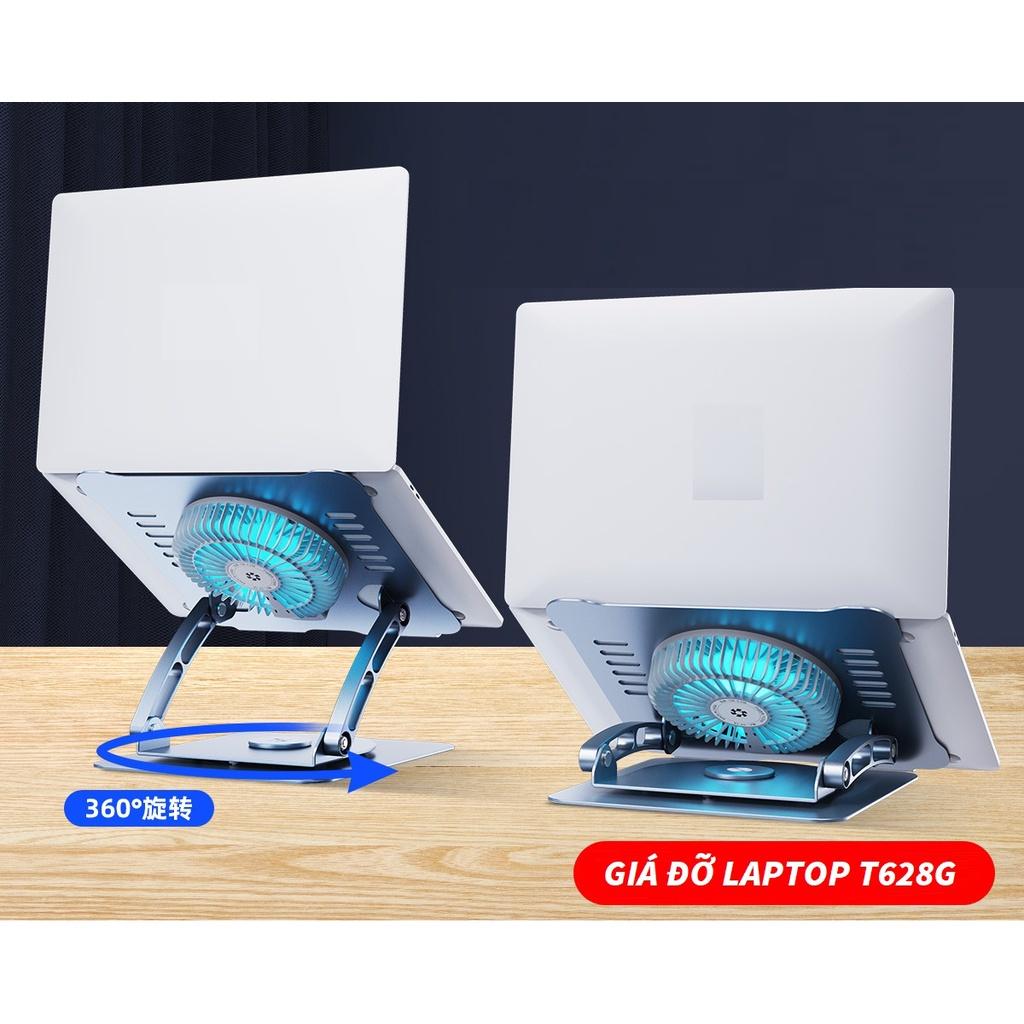 Giá Đỡ Tản Nhiệt Laptop Nhôm Cao Cấp T628G Chân Đế Xoay Tròn 360 Độ, Đèn Led Tản Nhiệt.