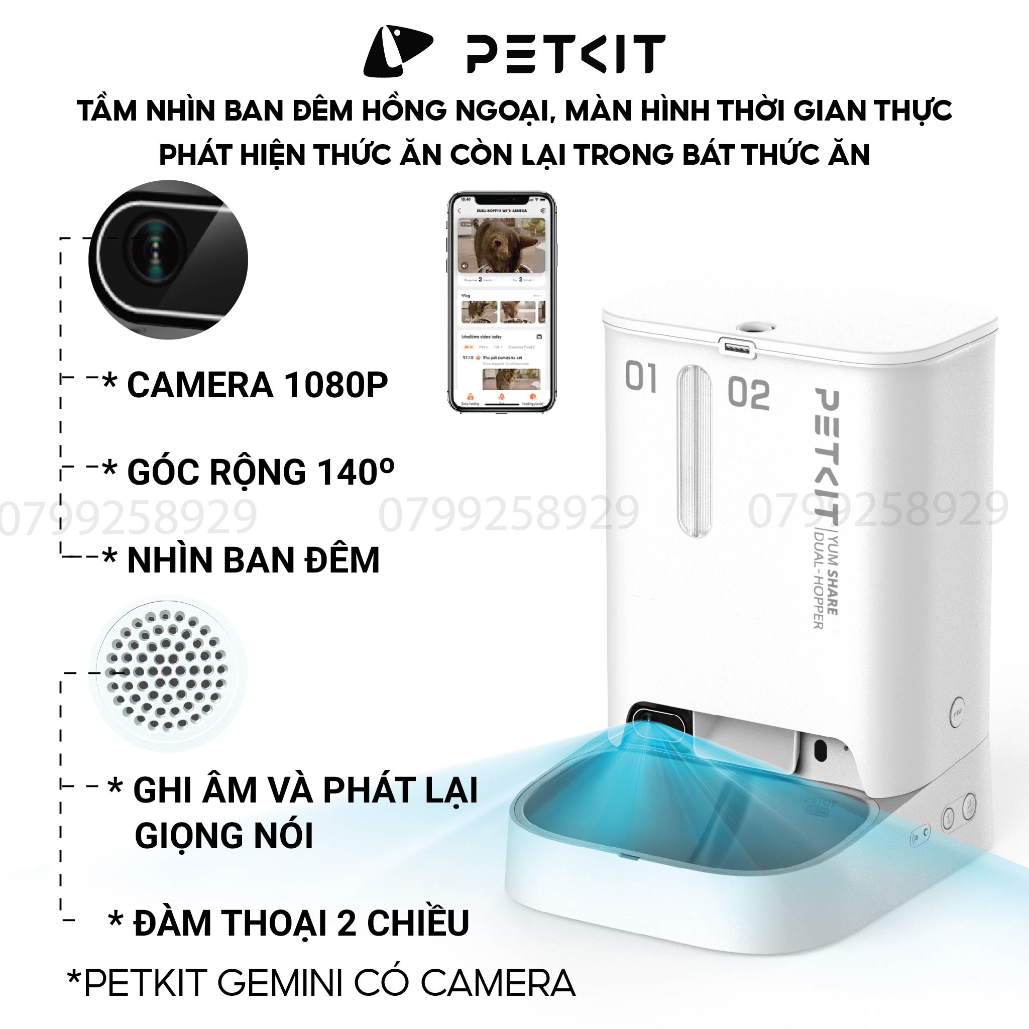 Máy Cho Chó Mèo Ăn Có CAMERA, Hai Ngăn Petkit Gemini YumShare Dung Tích 5 Lít