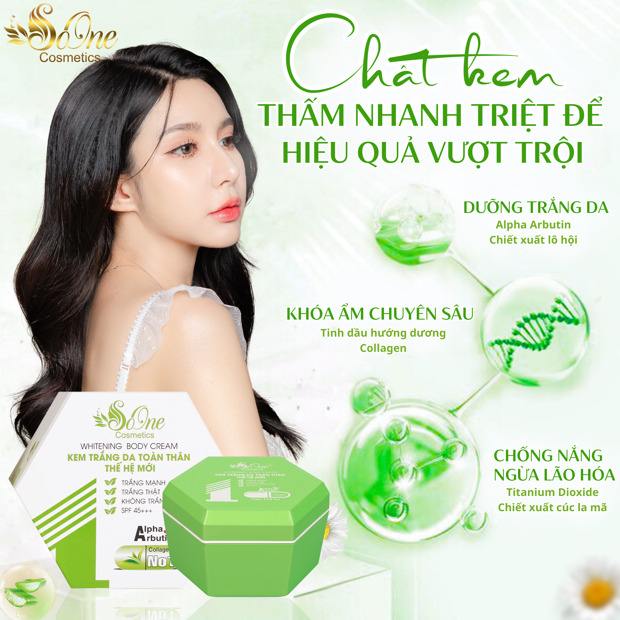 Kem Body SoOne Dưỡng Trắng Da Toàn Thân Thế Hệ Mới Hộp Màu Xanh Lá 150ml