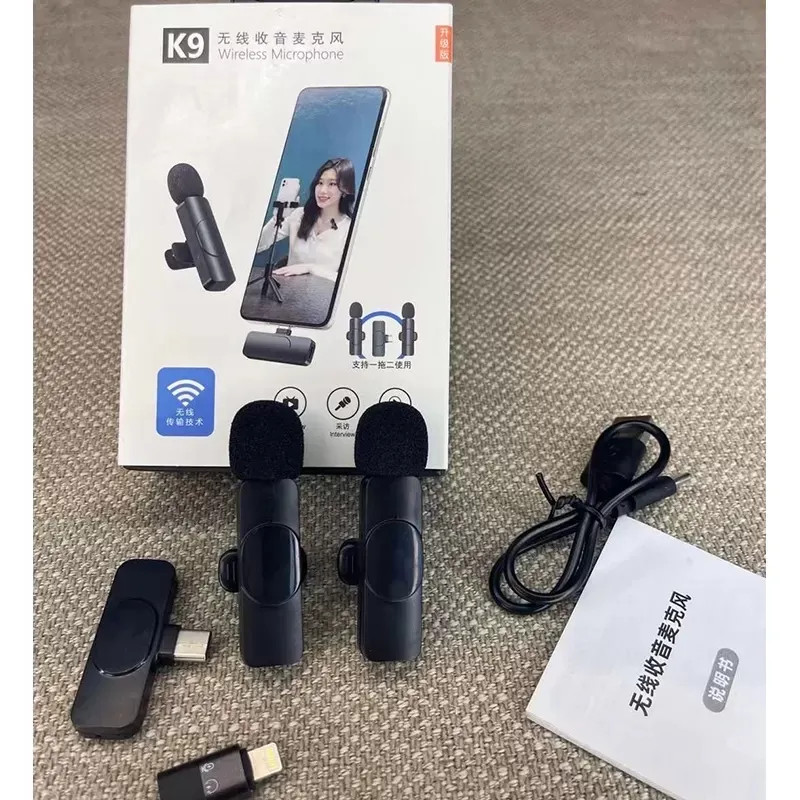 MICROPHONE KẸP ÁO Không Dây Mini Mic Đa Hướng 2 Đầu Chuyển Đổi 1 Đầu Thu Có Ống Hút Gió, Thay Thế Cho Điện Thoại Thông Minh Android Trực Tiếp Livestream Phỏng Vấn Ghi Âm Hội Nghị Video Giảng Dạy Trực Tuyến K9-2 + IPHONE/TYPE-C