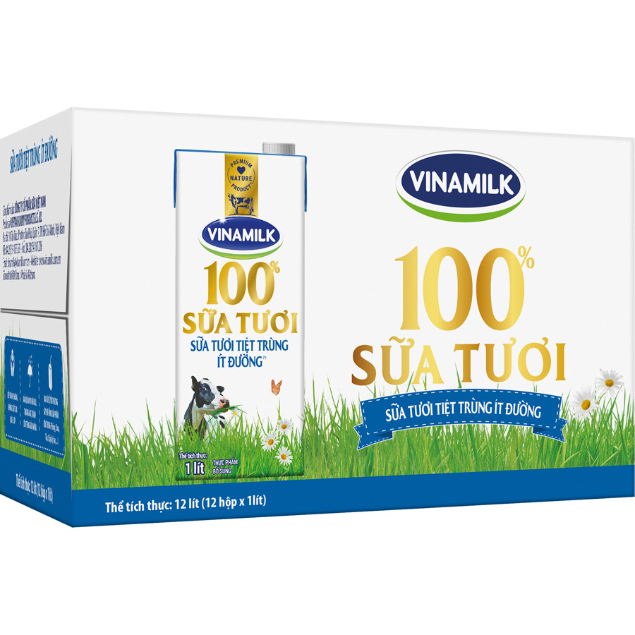 Thùng 12 Hộp Sữa Tươi Tiệt Trùng Vinamilk 100% Ít Đường