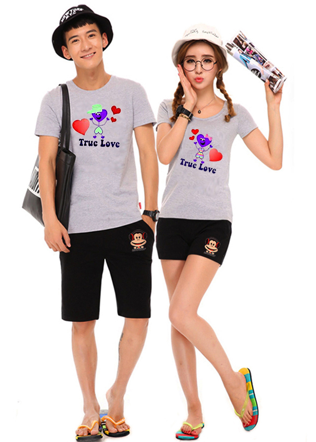 Bộ Áo Thun Đôi Nam Nữ True Love Màu Xám