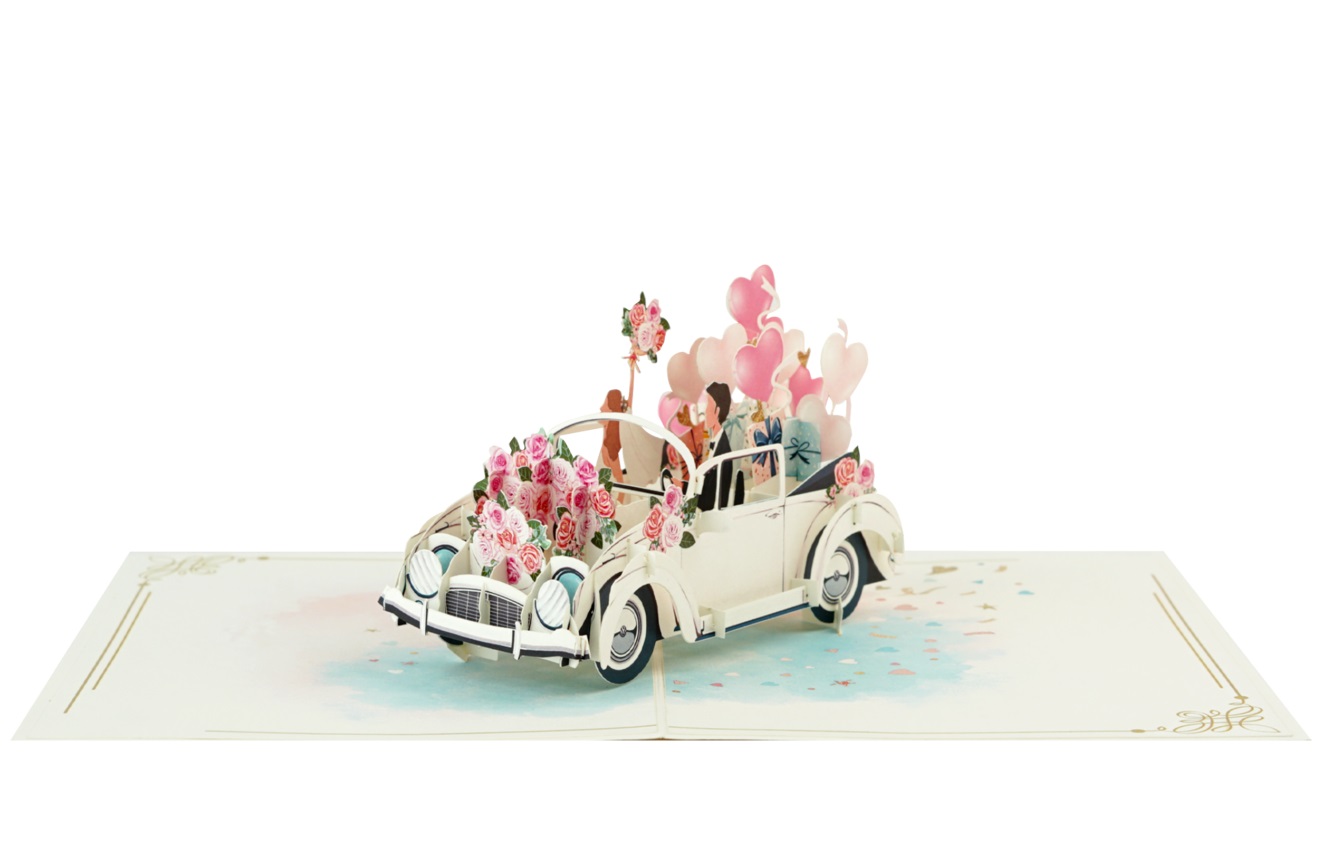 Thiệp 3D Pop Up Xe Cưới Trắng Just Married – Thiệp Chúc Mừng Đám Cưới, Wedding Card Sang Trọng