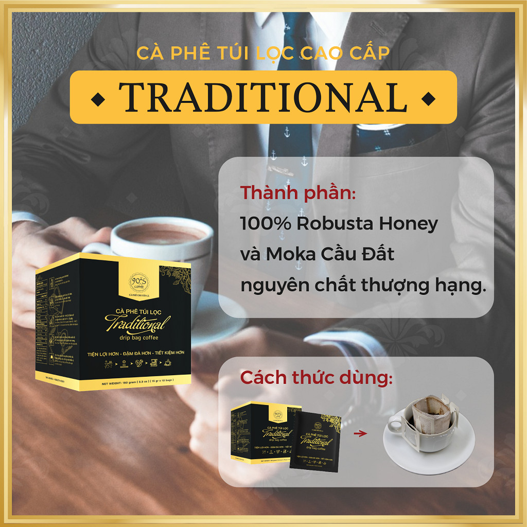 Cà Phê TRADITIONAL - 90S Coffee | Hộp 10 Gói x 15g Cà Phê phin giấy Rang Xay Nguyên Chất Cao Cấp