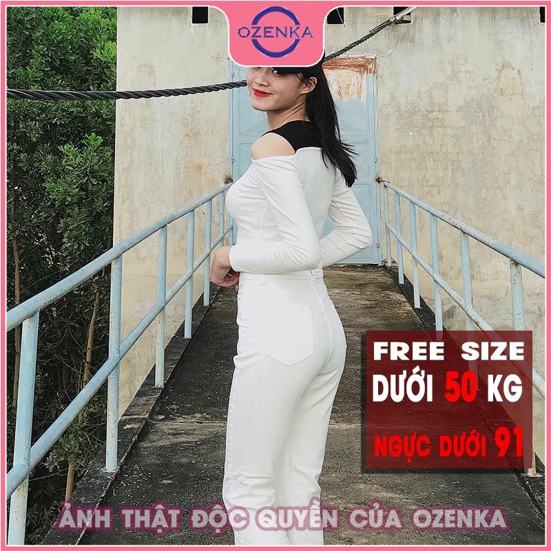Áo croptop hở vai tay dài ôm nữ OZENKA thun gân đẹp 100% cotton cải màu sang chảnh size dưới 50 kg