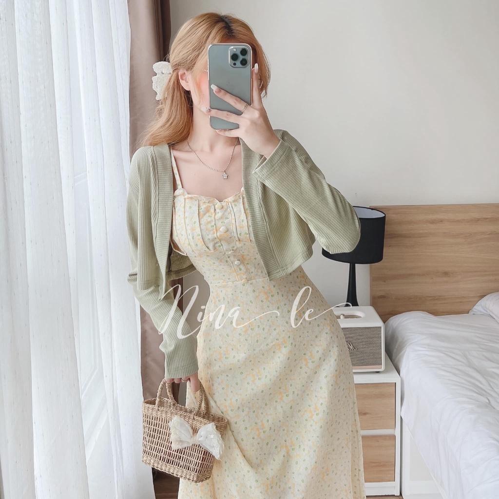 Sét váy hoa xếp ly (Có Mút Ngực) kèm áo khoác thun gân xinh xắn dạo phố, dự tiệc, đi biển