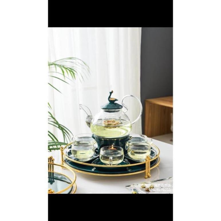 Bộ trà khay tròn thủy tinh cao cấp phong cách Nhật Bản