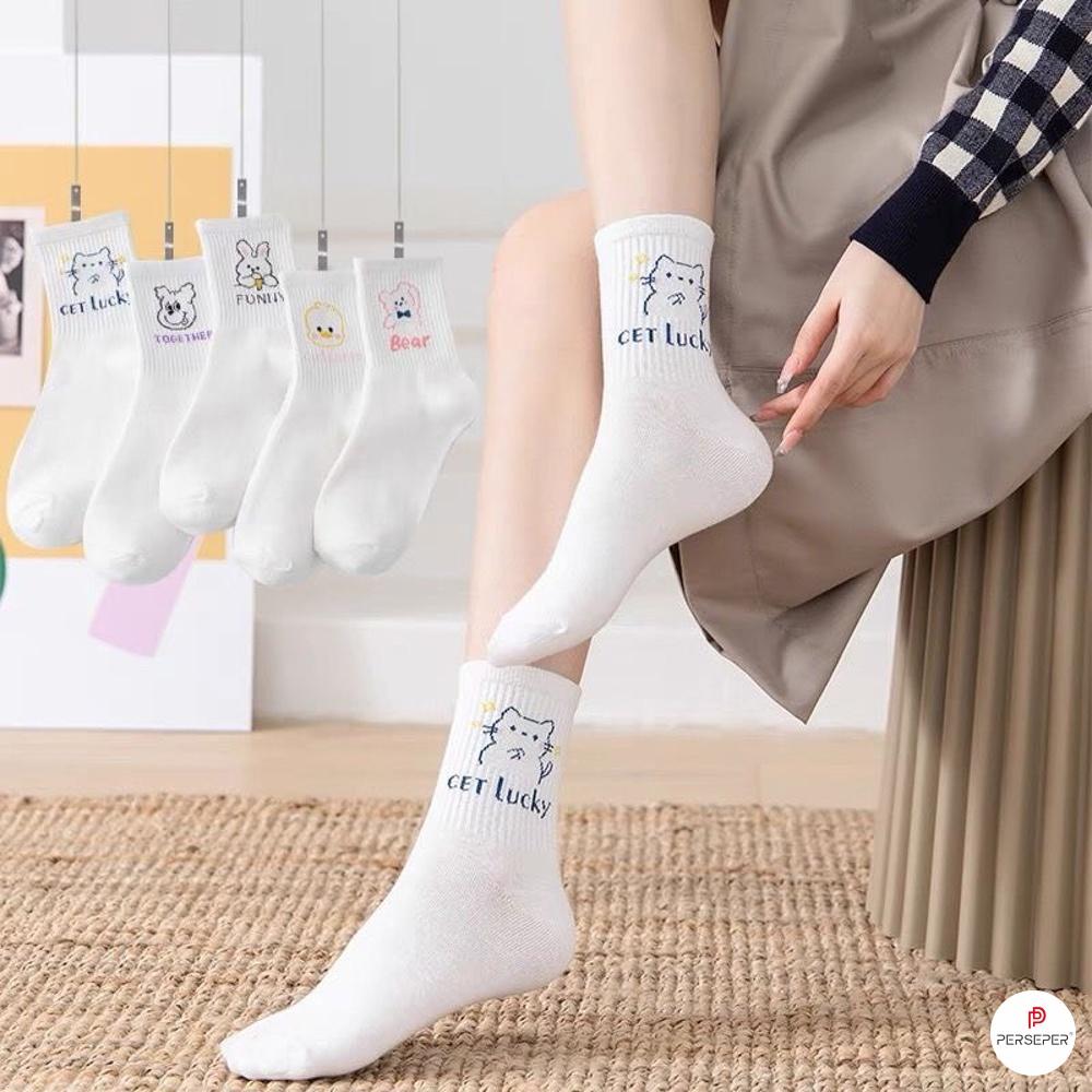 Tất cổ cao nữ họa tiết dễ thương, set tất vớ nữ chất liệu cotton chống hôi chân - TGS SHOP