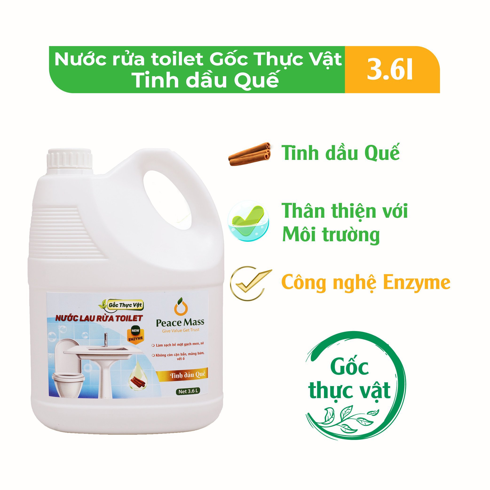 TLB2 Combo Sản Phẩm  Gốc Thực Vật Peace Mass - Nước Cọ Toilet + Nước Lau Kính 3.6l+ Nước Rửa Tay 3.6l (Thuộc nhóm Sản phẩm Lành tính / Hữu cơ)