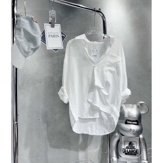 Áo Sơ Mi Form Rộng MOLA Màu Trắng Dáng Dài 1 Túi Kiểu Hàn Quốc Vintage Ulzzang Tiểu Thư Bánh Bèo Chất Đũi