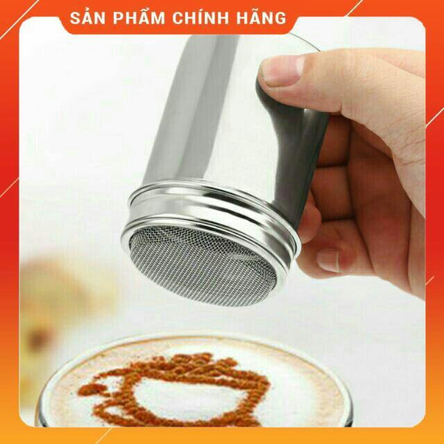 Lọ rắc bột cacao matcha inox có nắp và bộ khuôn rắc bột 16 tấm latte art trang trí