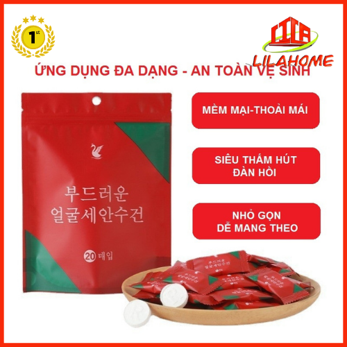 Túi 20 Khăn Giấy Nén Hàn Quốc Cao Cấp Loại Dày 2 Lớp 20*20cm - Hàng Chính Hãng