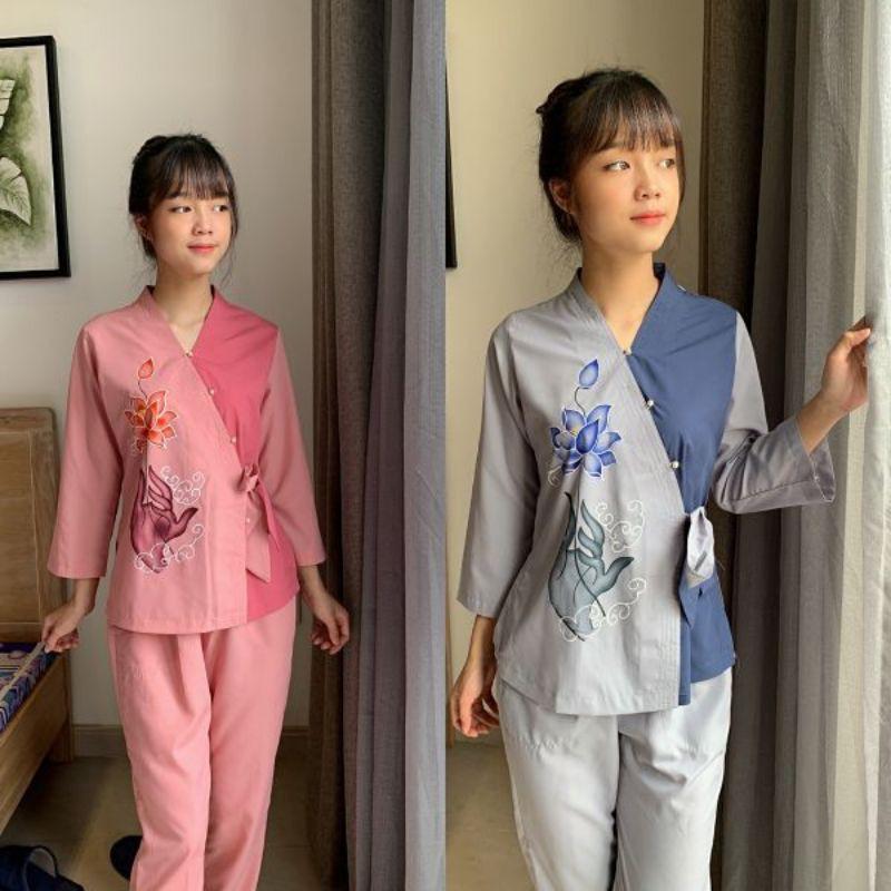 đồ bộ đi chùa.đồ bộ nữ mẫu chéo nhật nơ vẽ sen